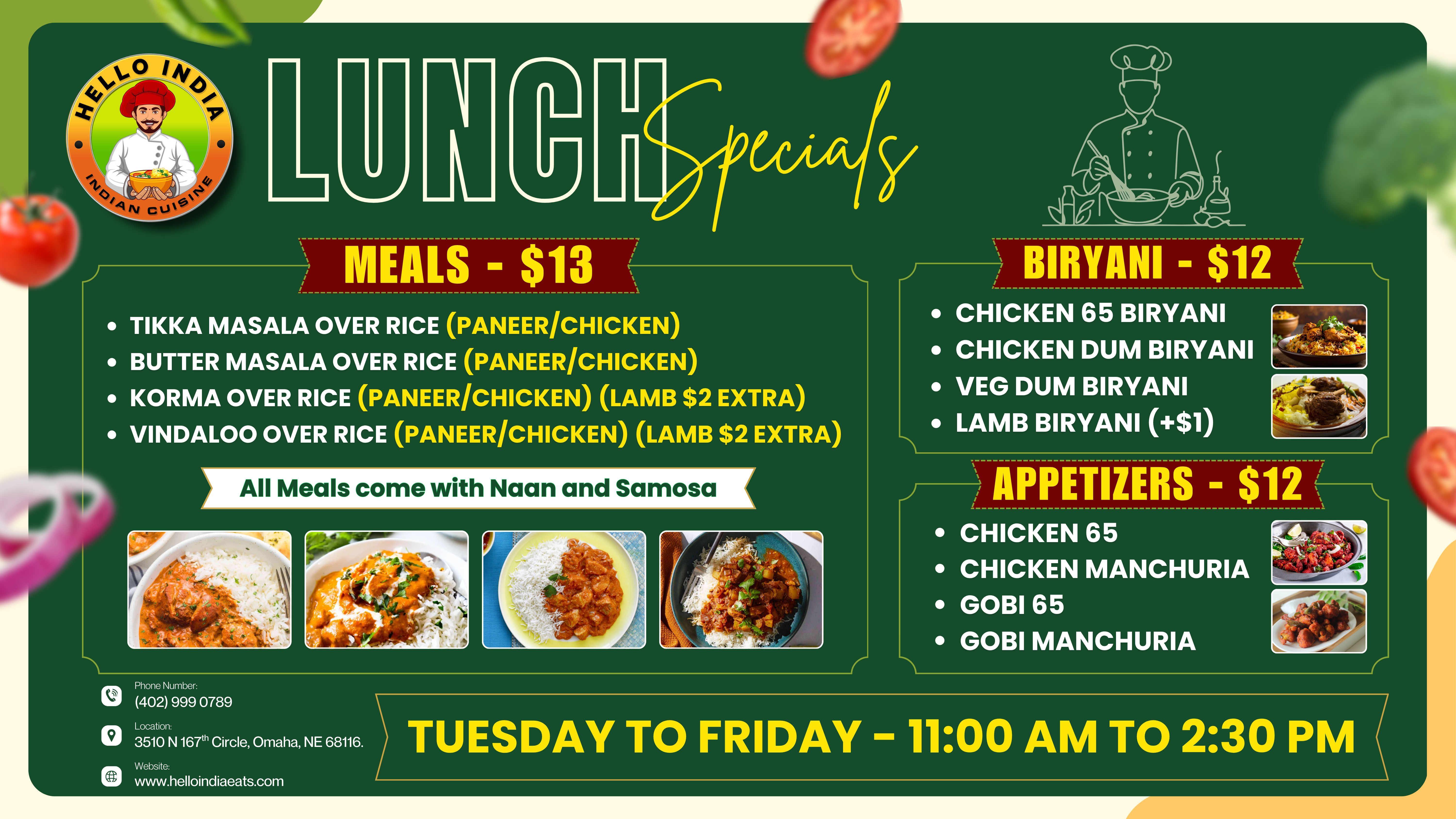 Hello India lunch specials - authentic Indian dishes in Omaha NE