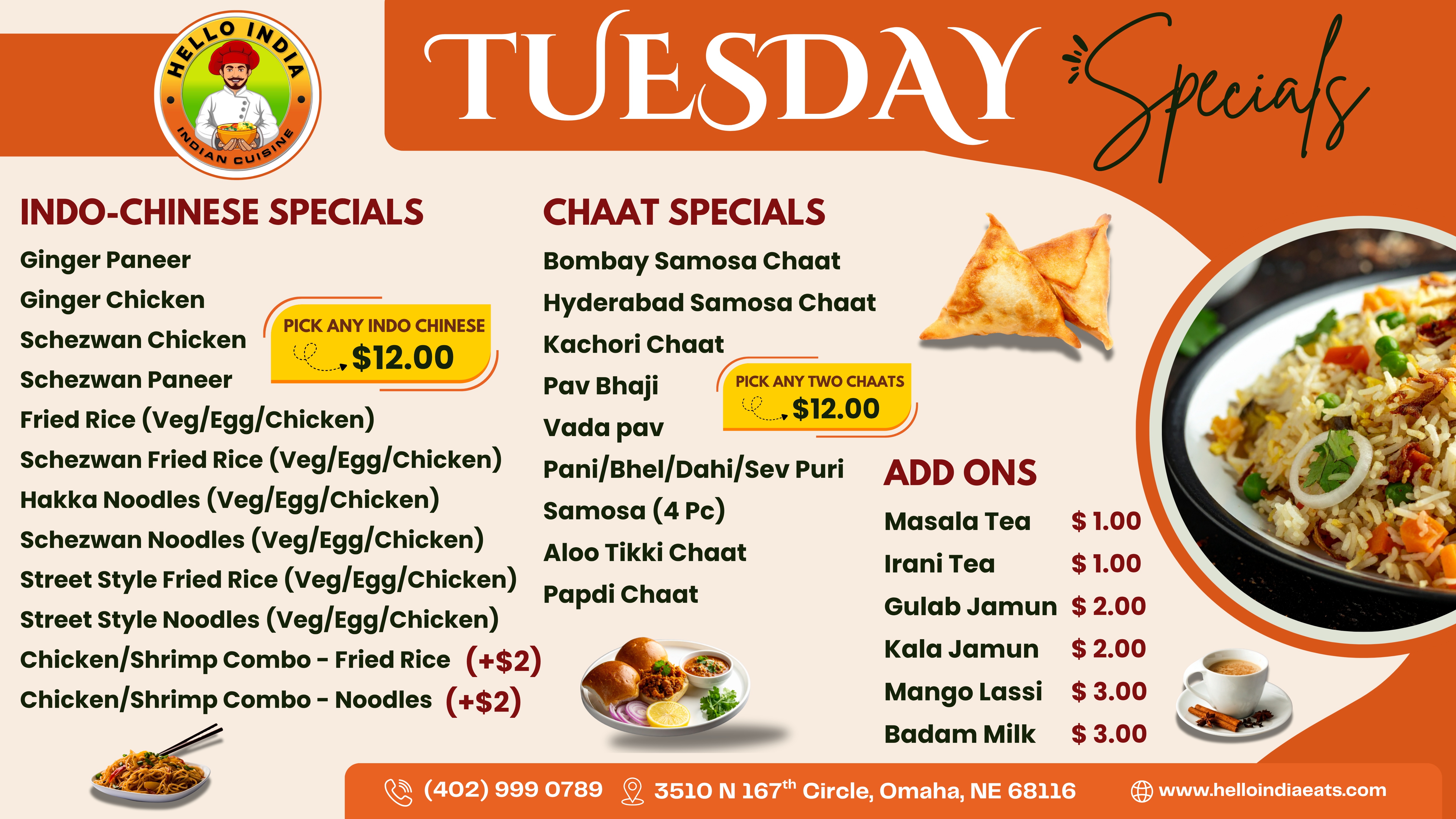 Tuesday specials at Hello India Restaurant Omaha