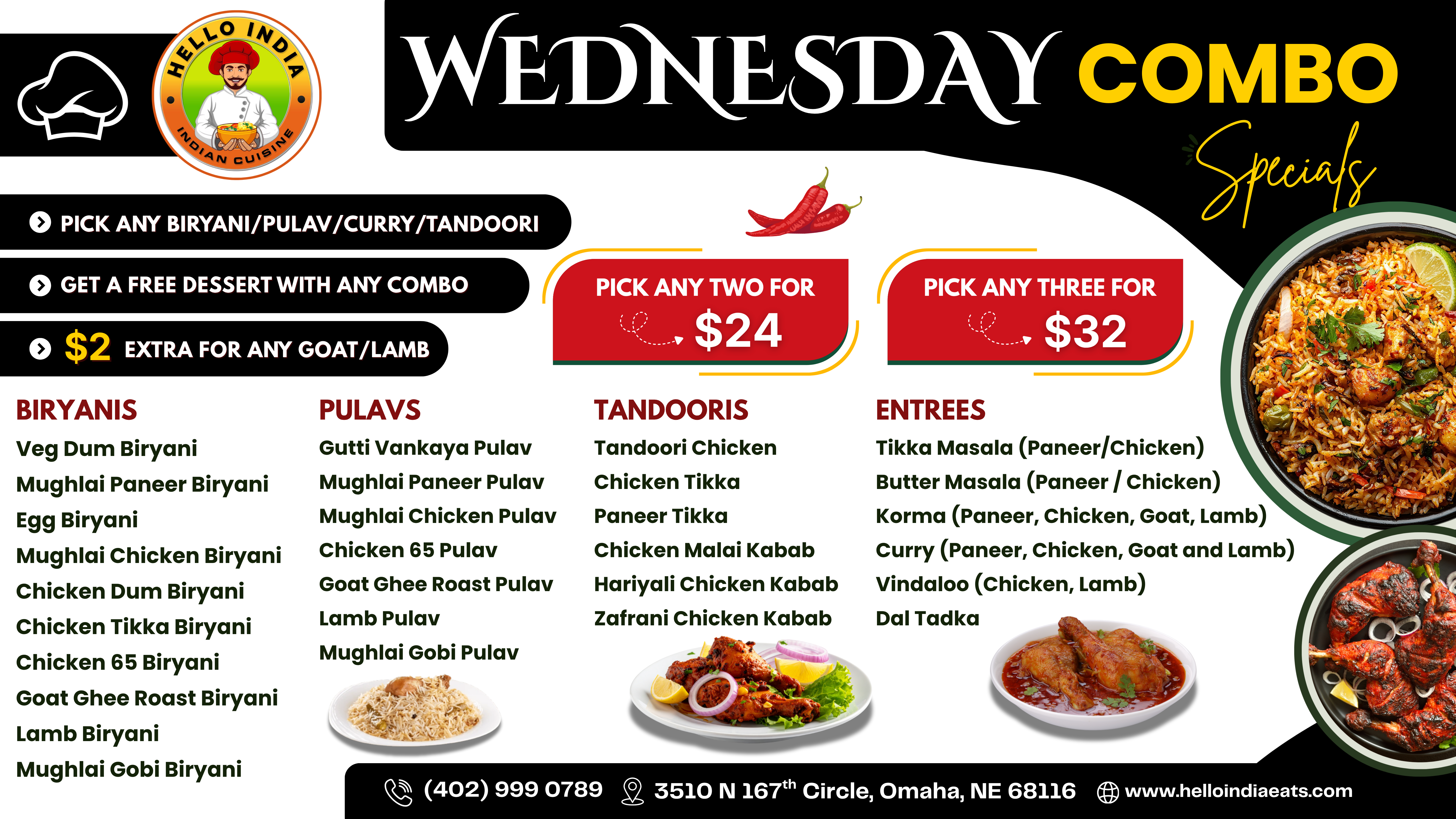 Wednesday combo specials at Hello India Restaurant